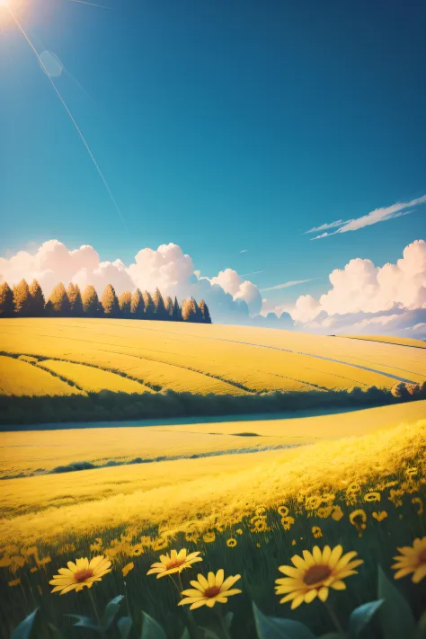 yellow flowers in a field with a blue sky in the background, an aesthetic field of flowers, background of flowery hill, field of flowers, flower field, fields of flowers, full of yellow flowers flowers, yellow flowers, in a field of flowers, field of flowe...