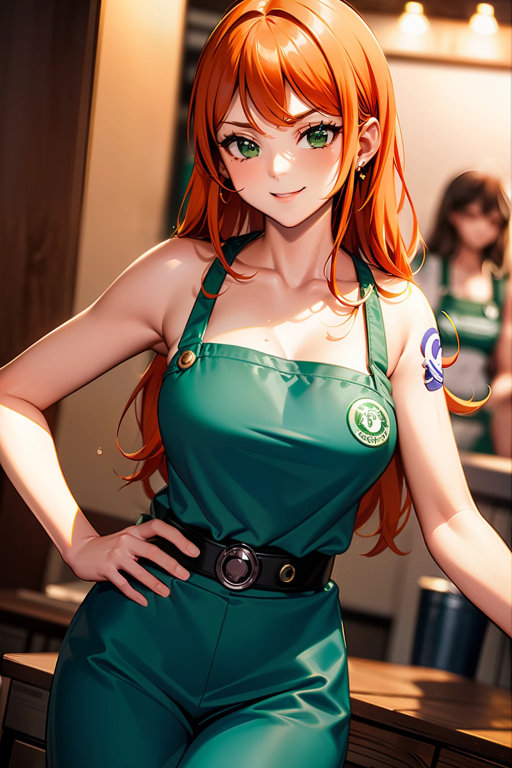 arafeel woman in green apron standing in front of counter with coffee, starbucks aprons and visors, ( waitress ) girl, mysterious coffee shop girl, wearing an apron, wearing rr diner uniform, ( ( dark green, work clothes, apron, white waist apron and undershirt, white apron, sakimichan, #green, working clothes, hanbok apron