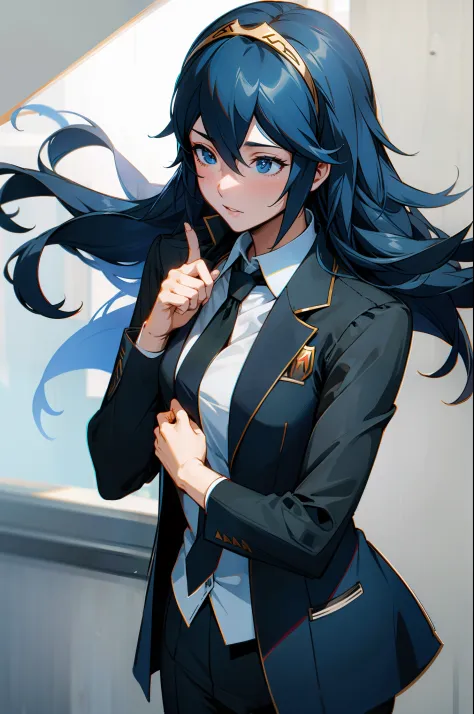 lucina fe  in a clean tidy black suit and tie jacket