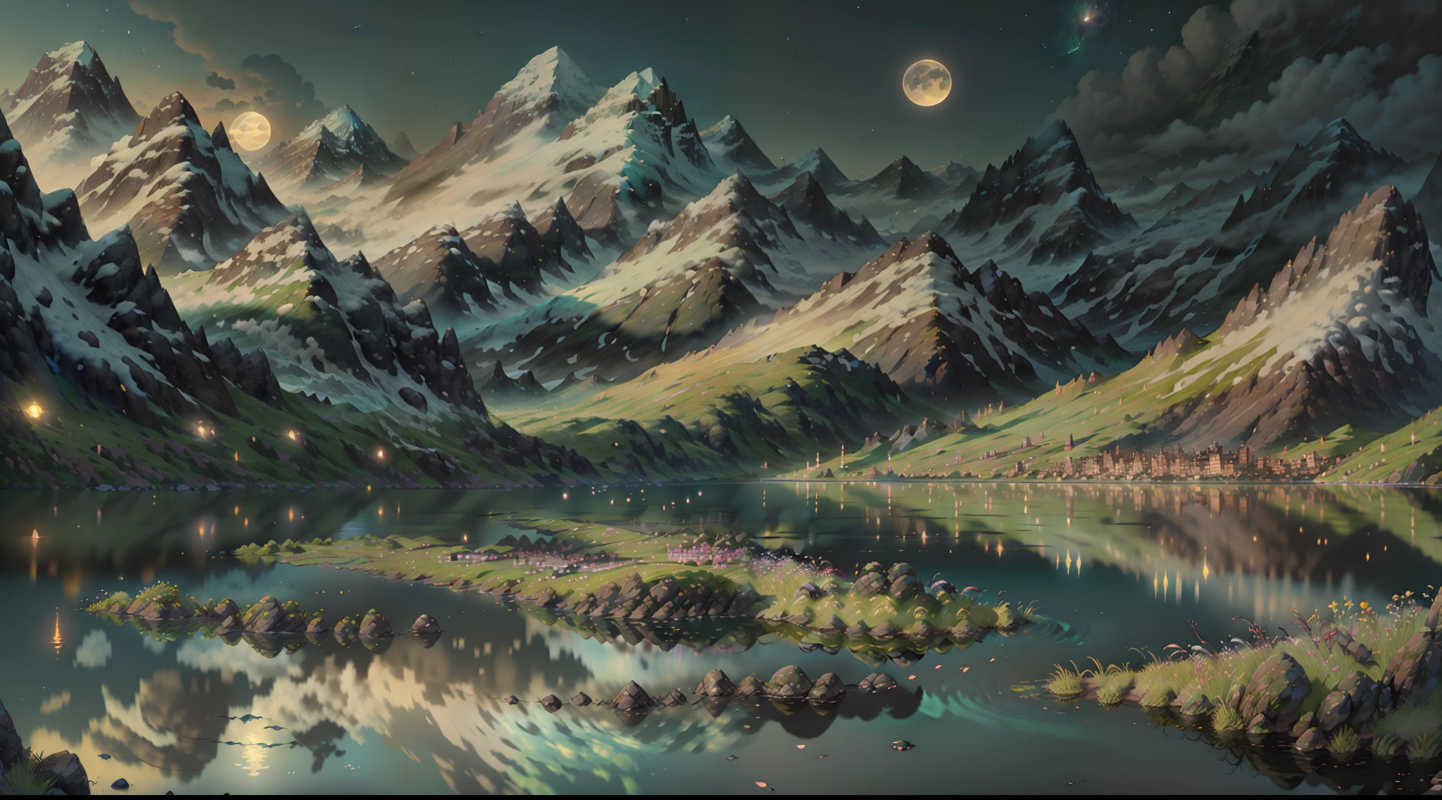 montanhas e um lago com uma lua no céu, Arte digital altamente detalhada em 4k, Papel de parede hd 4 k muito detalhado, impressionante paisagem de fantasia, papel de parede de fantasia de ficção científica, papel de parede de motor irreal 4k, Arte digital detalhada em 4K, Papel de parede de fantasia de ficção científica, paisagem épica de fantasia onírica, pintura digital fosca 4k hd, arte digital de papel de parede 8k hd