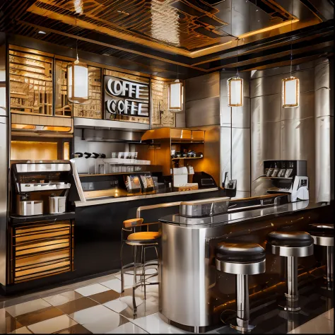 Coffee shop , art deco style , stainless steel , day light , luxury , minimalism design , hd 8k , details , light warm-up, sharpen details 8k, fullcolor , coffee machine