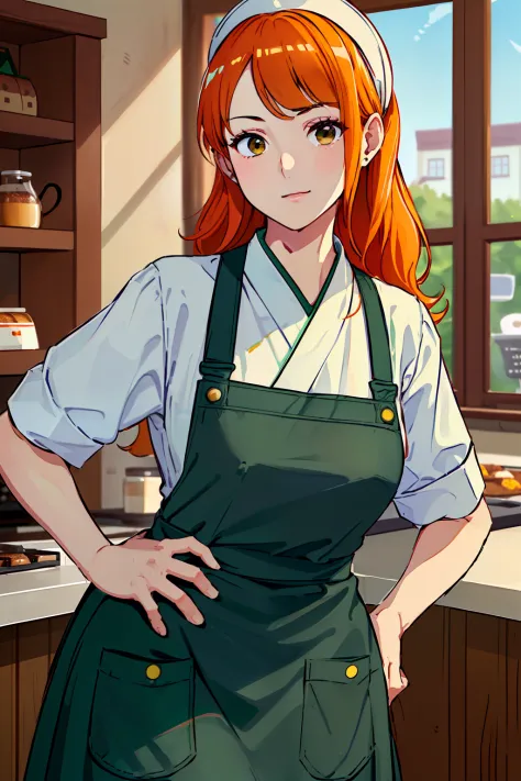 arafeel woman in green apron standing in front of counter with coffee, starbucks aprons and visors, ( waitress ) girl, mysteriou...
