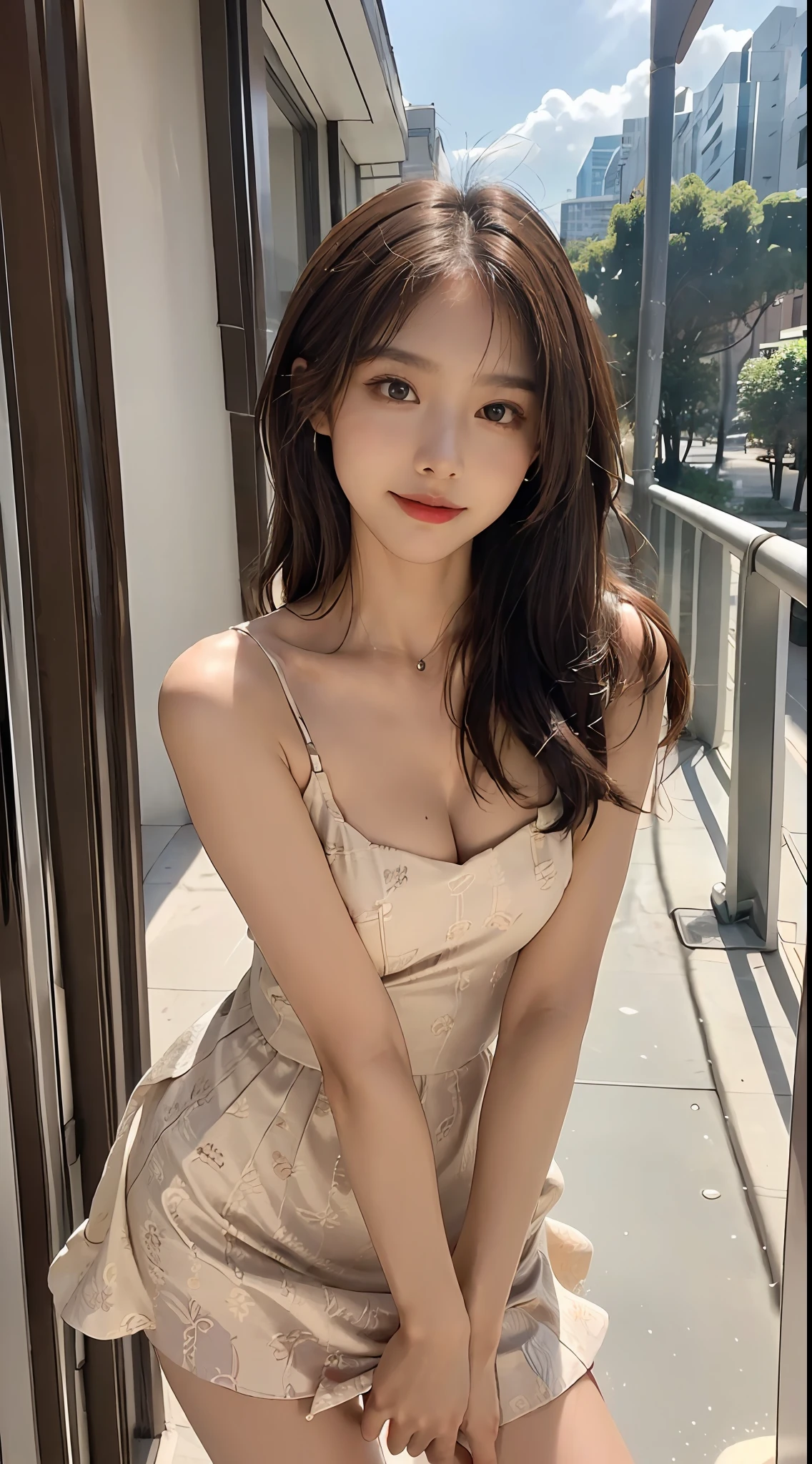 ((Best picture quality, 8k, tmasterpiece: 1.3)), self-shot, Sharp focus: 1.2, A cute beauty with a perfect figure: 1.4, Slim big breasts, ((Brown hair black)) , (Small flesh-colored dress，Highly detailed face，Happy expression，standing on your feet：1.2），（（Night view of the rainy city，balcony simple：1.3. Produced with a major focus on women）），Highly detailed facial and skin texture，Detailed eyes，double eyelid