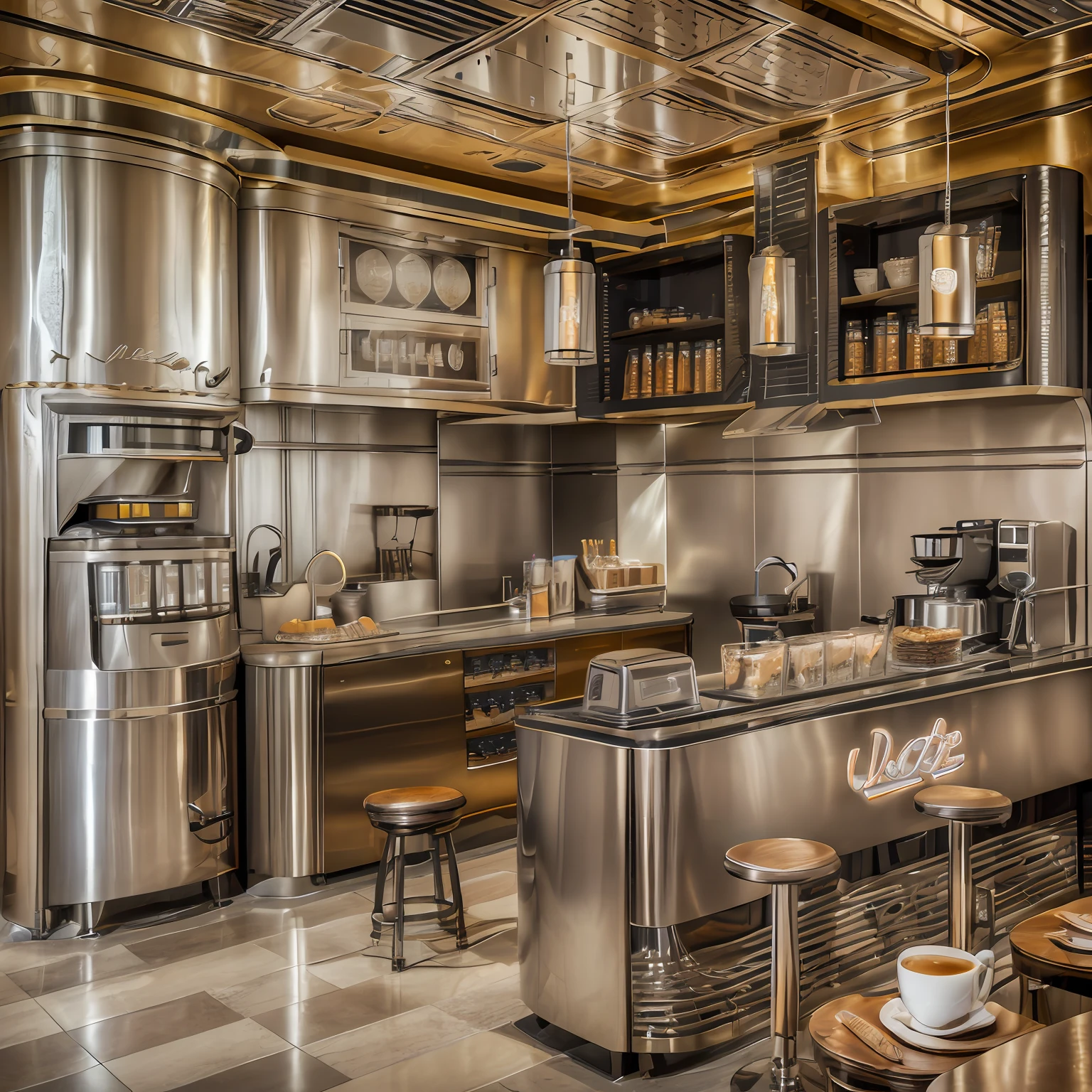 Coffee shop , art deco style , stainless steel , day light , luxury , minimalism design , hd 8k , details , light warm-up, sharpen details 8k, fullcolor , coffee machine