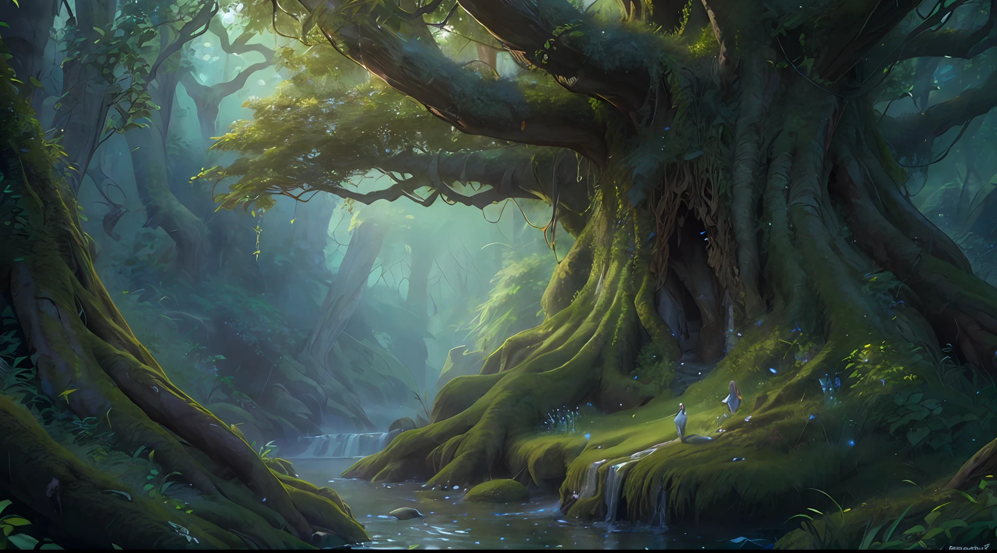 high details, best quality, 8k, [ultra detailed], masterpiece, best quality, (extremely detailed), dynamic angle, ultra wide shot, photorealistic, fantasy art, dnd art, rpg art, realistic art, an ultra wide picture of druid grove in a fantasy forest and its druid warden observing all, a fantasy forest (intricate details, Masterpiece, best quality: 1.5), many trees, a stream of water (intricate details, Masterpiece, best quality: 1.5), waterfall (intricate details, Masterpiece, best quality: 1.5), human female druid, full body (intricate details, Masterpiece, best quality: 1.5), exquisite beautiful woman druid (intricate details, Masterpiece, best quality: 1.5), ultra detailed face (intricate details, Masterpiece, best quality: 1.6), black hair, long hair, wavy hair (intricate details, Masterpiece, best quality: 1.5),, dynamic eyes color, fair skin, wearing blue cloak (intricate details, Masterpiece, best quality: 1.5), green robe (intricate details, Masterpiece, best quality: 1.5), cinematic light, pastoral atmosphere, divine light, gods rays,