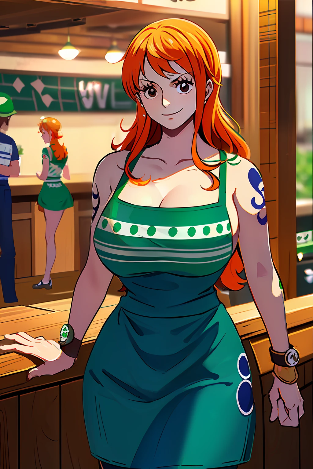 arafeel woman in 緑 エプロン standing in front of counter with coffee, starbucks エプロンs and visors, ( ウェイトレス ) 女の子, mysterious coffee shop 女の子, wearing an エプロン, RRダイナーの制服を着用, ( ( dark 緑, 作業着, エプロン, white waist エプロン and undershirt, white エプロン, sakimichan, #緑, 作業服, hanbok エプロン,黄色い髪