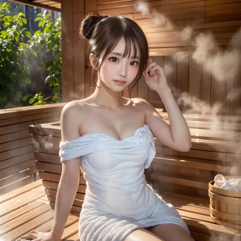 (1woman solo):1.5, (sauna:1.3), (fullbody:1.3), (Bun hair, dark brown hair), (top-quality, Photorealsitic:1.4, masterpiece:1.3, ...