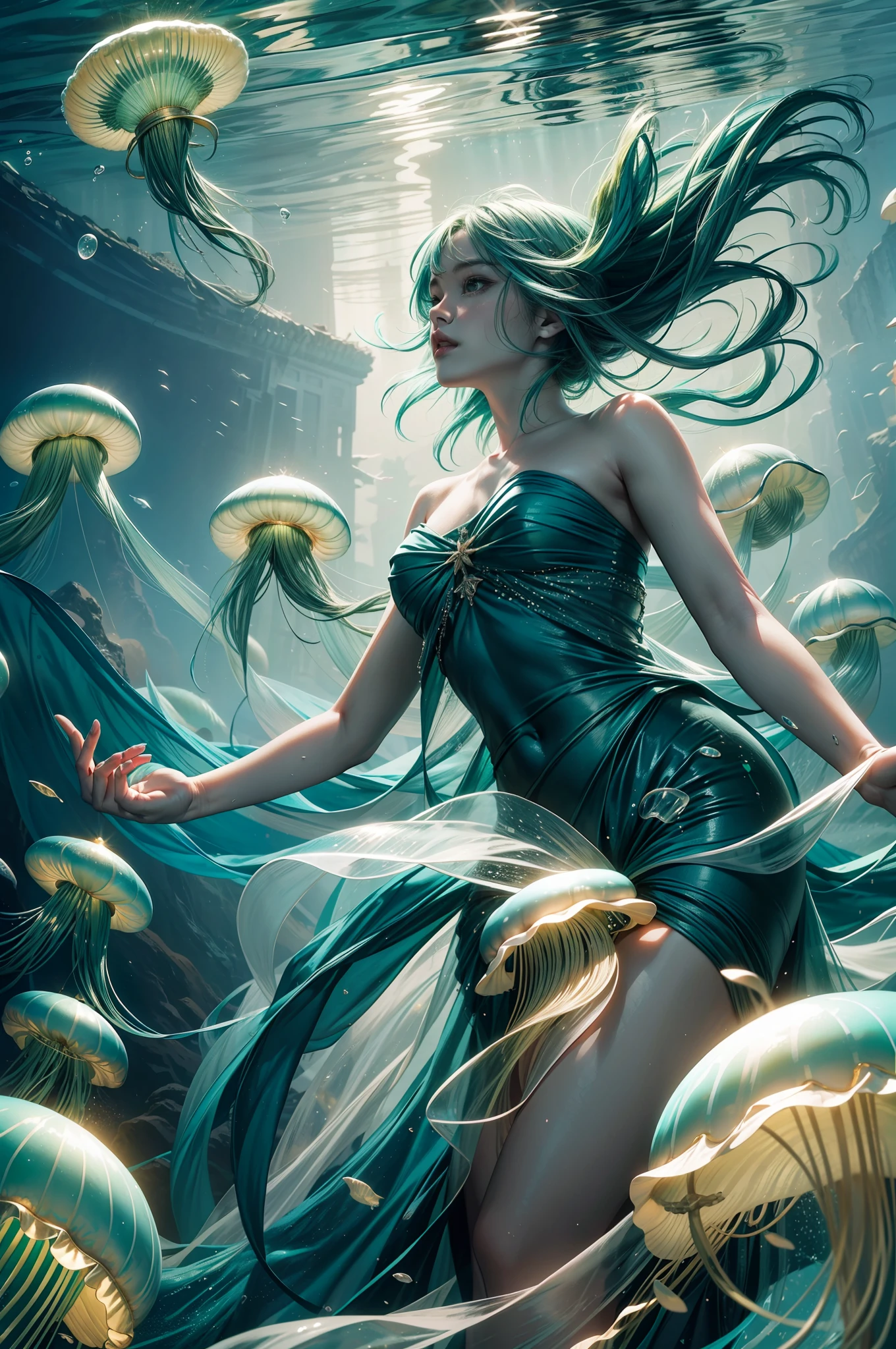 zhongfenghua, ((teal and green color tone:1.3)) 1girl, solo,jellyfish filling up the ocean, millions of jellyfish, a girl swimming ((naked)) in the deep ocean surrounded by jellyfish, ((jellyfish)), deep black ocean,under the sea,(photorealistic:1.4), official art, unity 8k wallpaper, ultra detailed, beautiful and aesthetic, masterpiece,best quality, (dynamic angle:1.4), glowing skin, (floating colorful sparkles:1) the most beautiful form of chaos, elegant, a brutalist designed, vivid colours, romanticism, ultra wide angle,