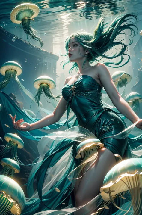 zhongfenghua, ((teal and green color tone:1.3)) 1girl, solo,jellyfish filling up the ocean, millions of jellyfish, a girl swimmi...