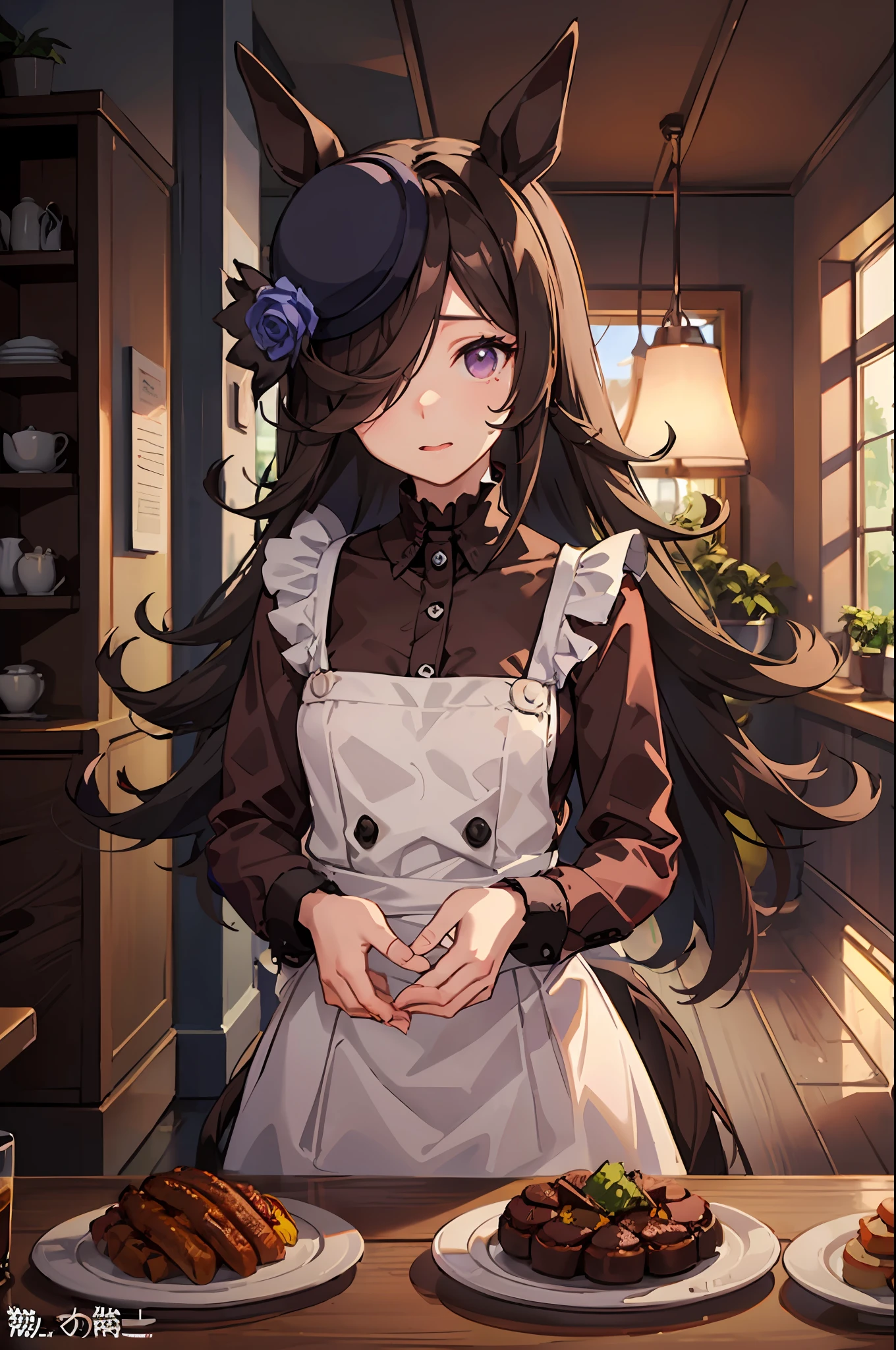 女の子1人、Black hair((Long))、a purple eye((delicate.Very beautiful))、Marl、Black horse tail、maid clothes、Background Cafe、inside in room、cafeteria