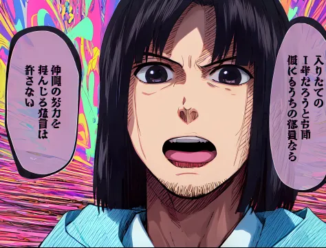 a anime of a man manga, black hair color, open mouth, coat, close up, text manga, color manga, manga color, color manga, color m...