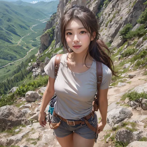 naturescape photography; mountain climbing; (1woman:1.3, solo), (cowboy shot:1.3), (slender body), (white t-shirts, trekking sho...