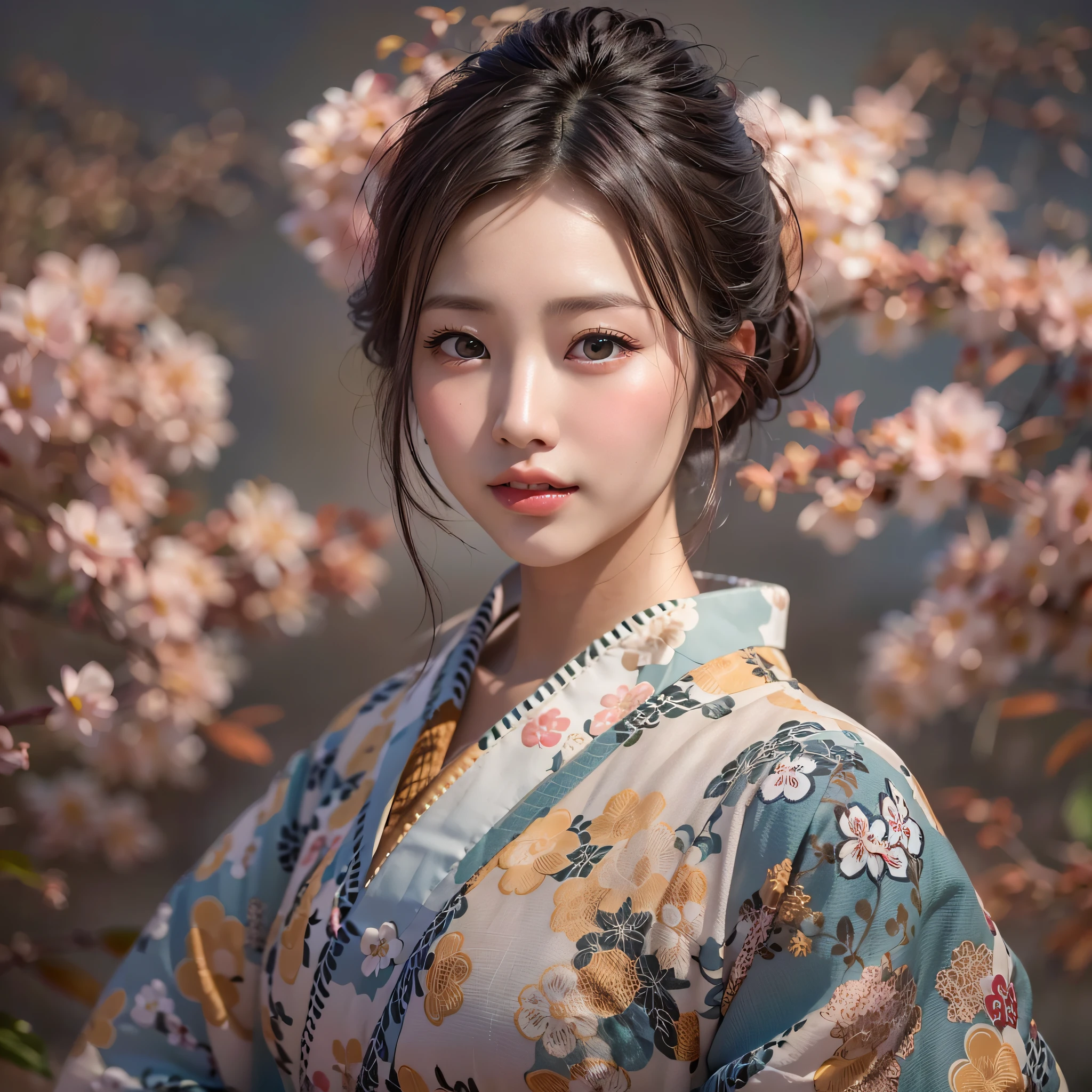 symmetrical, Compositions with coloful geometric arabesque patterns, (cowboy shot), (Bun hair, dark brown hair), (top-quality, Photorealsitic:1.4, masterpiece:1.3, RAW Photography:1.2, cinematric light, very detailed illustration), (1woman:1.3, solo), (Japan kimono with cherry blossom pattern:1.3), (asian girl, ultra delicate face, ultra Beautiful fece, ultra delicate eyes, ultra detailed nose, ultra detailed mouth, ultra detailed facial features),  woman, (midium breast:1.3), from the front side, skiny, lipgloss, smile:0.8, Make a heart shape with your fingers and pose