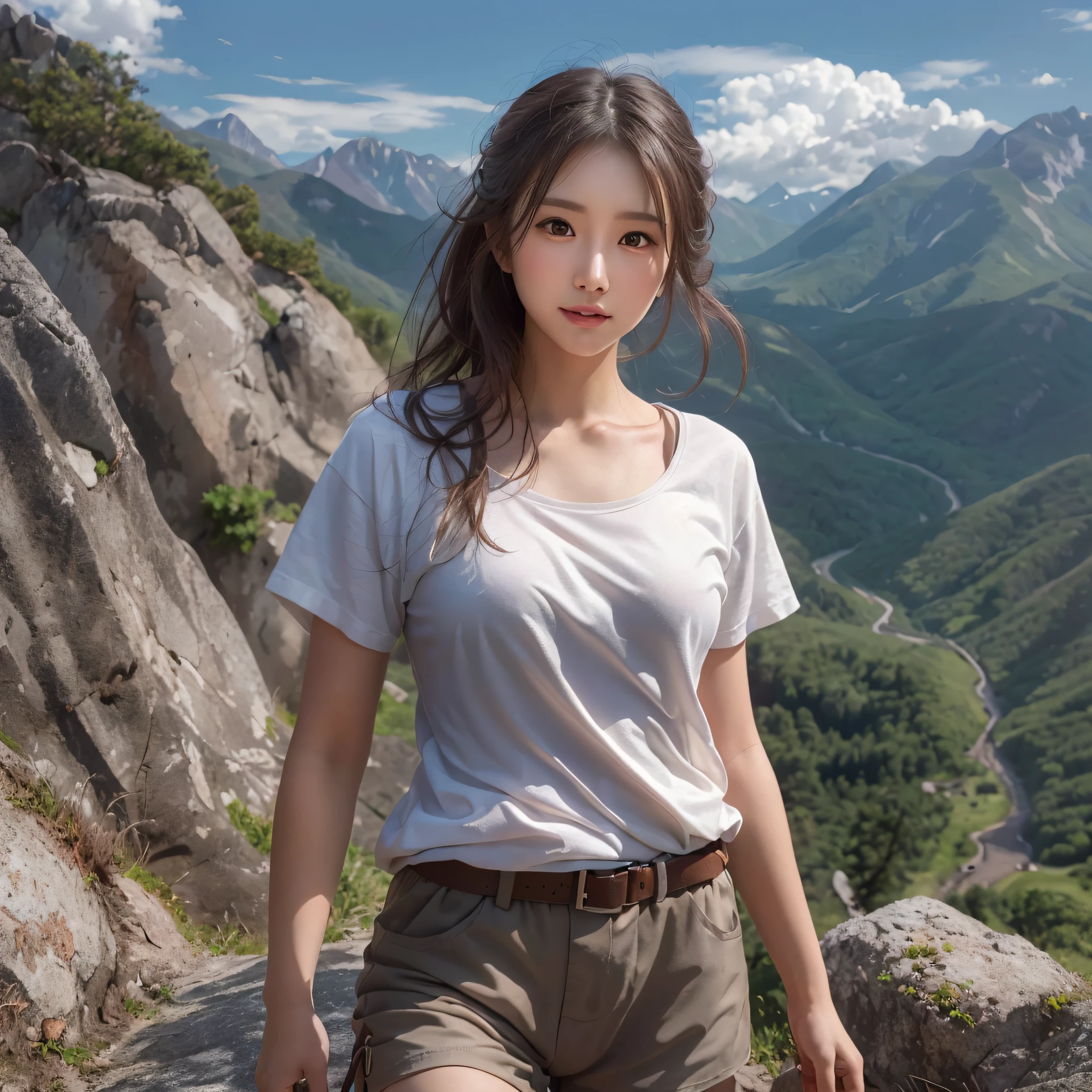 Naturescape photography; mountain climbing; (1woman:1.3, solo), (cowboy shot:1.3), (slender body), (white t-shirts, Trekking shorts, trekking boots), Walking along a mountain road, Rough road, boulders),  
(High-ponytail), (dark brown hair), (selfee), 
(asian girl, 18-year-old, ultra delicate face, ultra Beautiful fece, ultra delicate eyes, ultra detailed nose, ultra detailed mouth, ultra detailed facial features), (face is shiny:0.8),
(smiling:0.8), (selfee, Shooting with a wide-angle lens), (Spectacular summer mountain views, with rugged mountain ranges in the distance, and the wonderful contrast of blue skies and white clouds), (Highest Quality, hyper-realistic:1.3, Super dense, very detailed illustration, Best image quality, very detailed illustration)