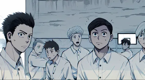 a anime of a boys manga, talking, shocked, frizzy, white shirt, text manga, color manga, manga color, color manga, color manga p...