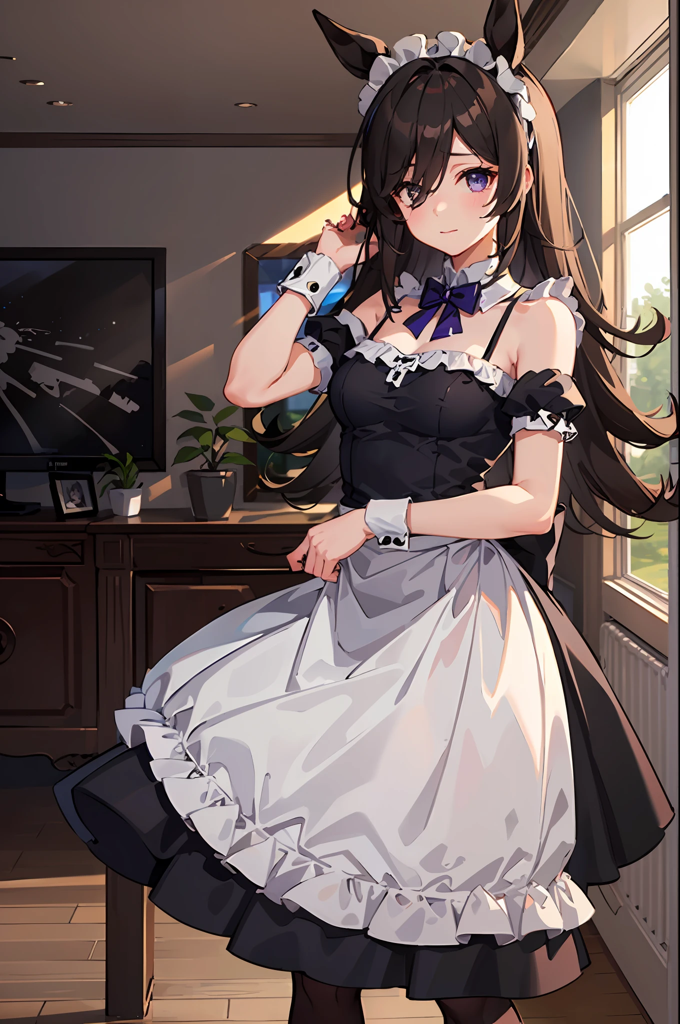 One girl in black and white maid clothes、Black hair((long))、a purple eye((Delicate.Very beautiful eyes))、Hidden in the hair of one eye、Marl、black horse tail、Shy face、black and white maid uniform、Background Cafe、inside in room、cafeteria