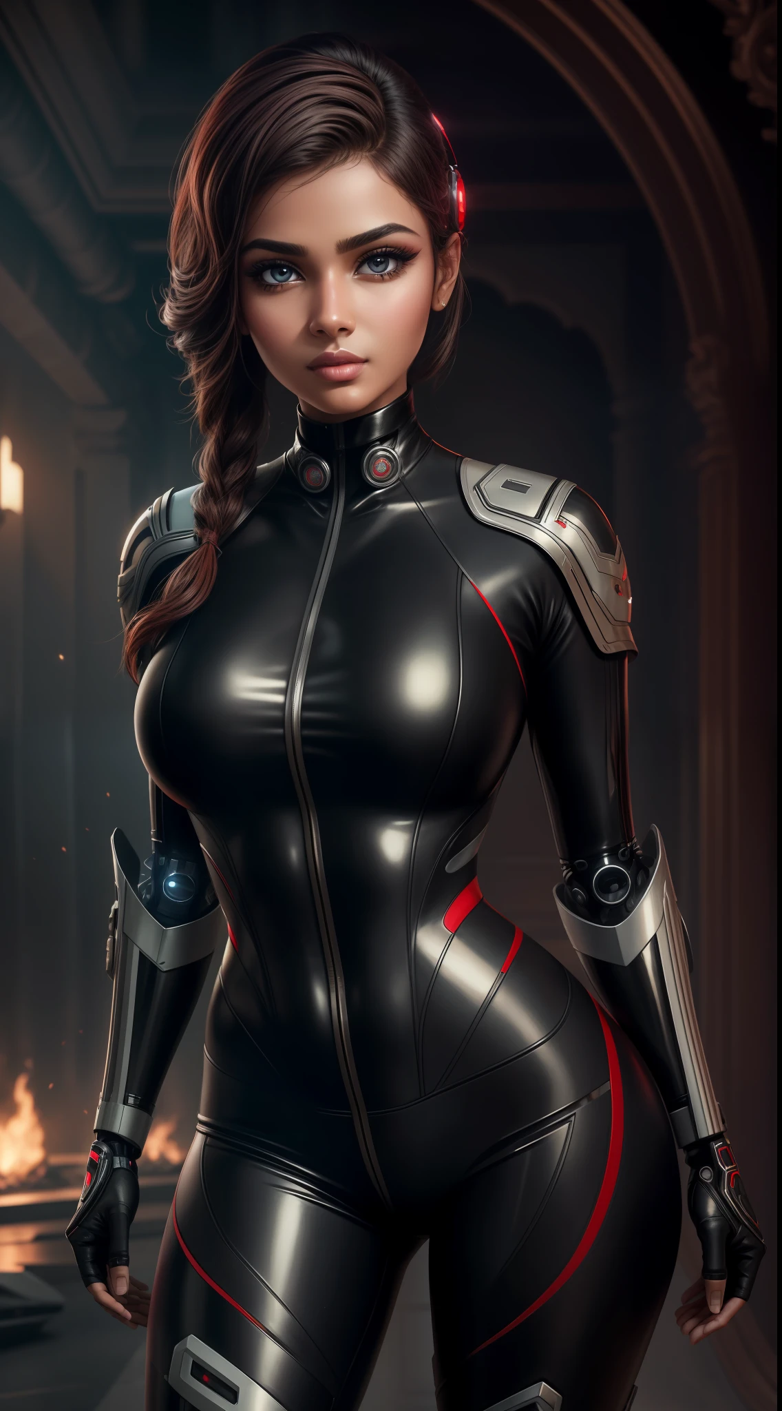 solo, super fine photo, portrait Unreal Engine 5 8K UHD of a couple, red and black color scheme tight cybernetic latex catsuit, 25 years old Indian girl, beautiful face, big breasts, curvy, very beautiful face, random hairstyles, feminine curves, cybernetic glove, futuristic design, super lighting, beautiful make up, luxurious, best quality, masterpiece, official art, unified 8k wallpaper, super detailed, beautiful face eyes nose lips, sharp focus, dynamic pose, beautiful body, high res, full body photo