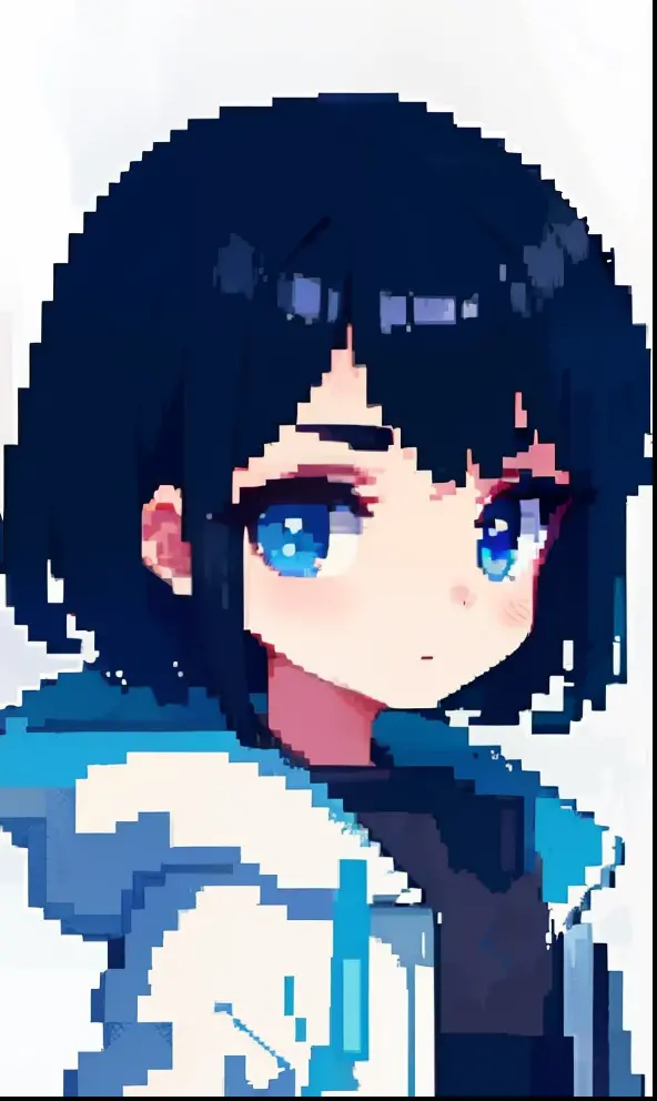 Top works，highest  quality，pix，pixelart，one-girl，Short black hair, 17 years old ，Face upper body，blue color eyes，White hooded ja...