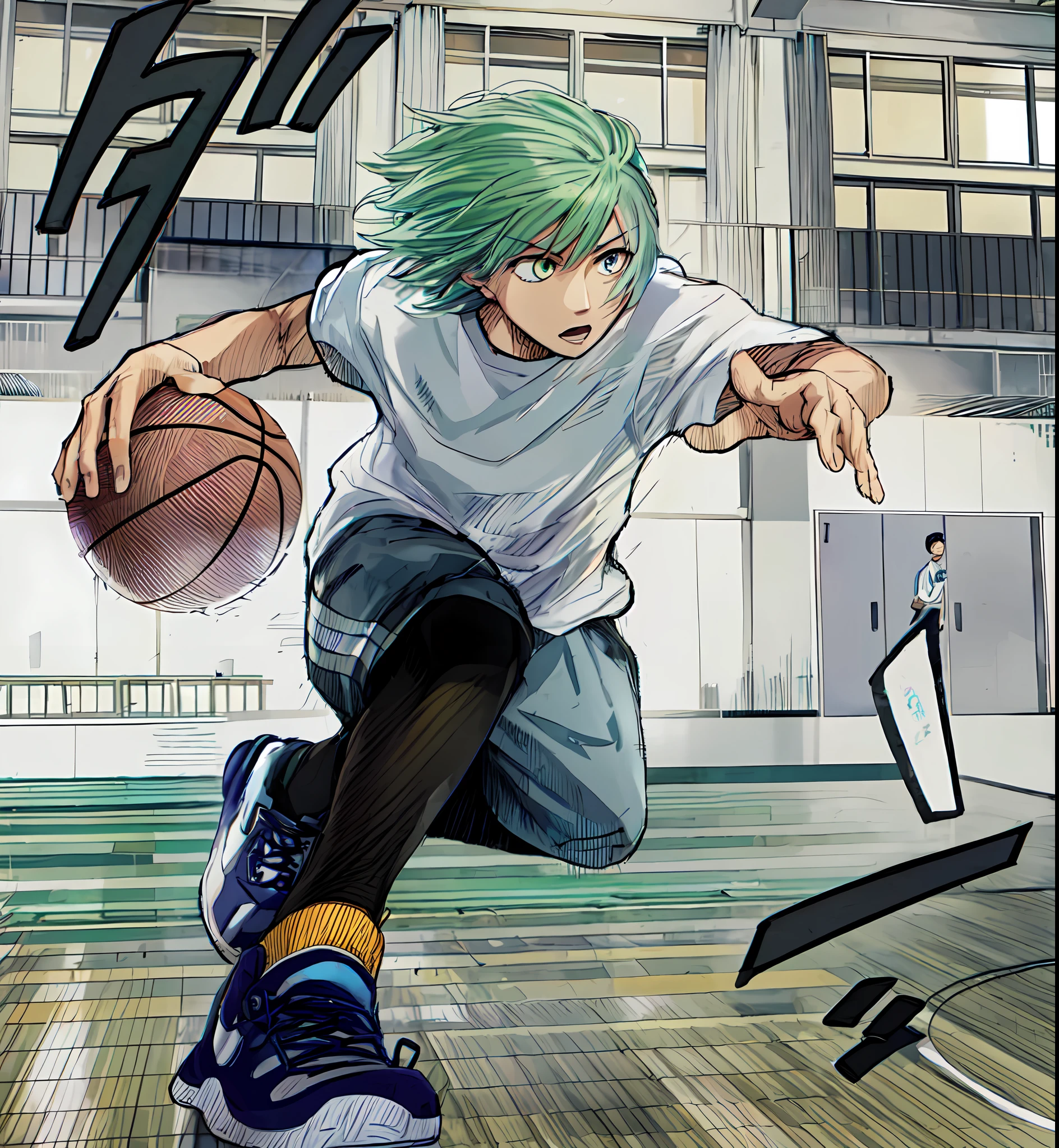 a anime of a boys manga, basketball, white shirt, shorts, shoes, basketball court, basketball skill, text manga, color manga, manga color, color manga, color manga panel, simple background