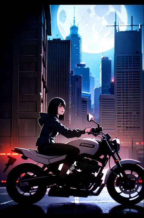 best quality, masterpiece, photo, 4K, photorealistic, highly detailed,
1girl riding motobike, techwear, cyberpunk city, solo, futuristic, huge moon in the background, black and white, by Akira Toriyama, closeup,
