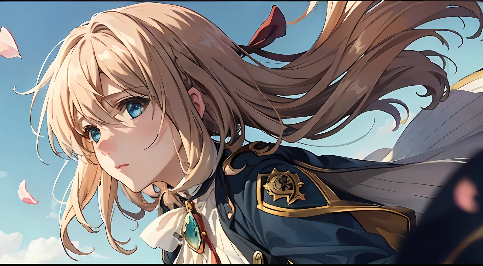 (dynamic angle:1.3),windy,cinematic highlight,tyndalleffect,1girl,upper body,raised arm,looking at viewer, , extreme close up,violet_evergarden, solo, jewelry, expressionless,brooch, blonde_hair,,messy_hair, floating hairlong_sleeves, ribbon, blue_eyes, jacket, dress, gem, hair_ribbon,sky, depth_of_field, flower field, flying petal,Motion blur,from side,
masterpiece,