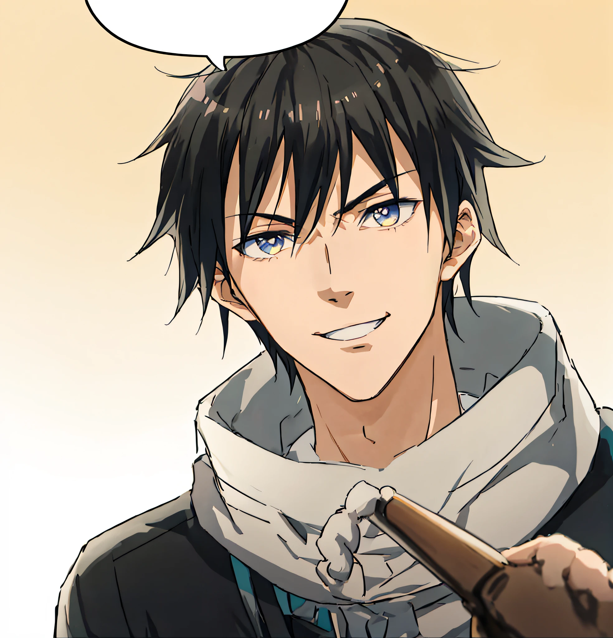 Anime boy with black hair and yellow eyes pointing at something, Anime handsome man, inspirado em Okumura Masanobu, smileing nright, Tall anime guy with blue eyes, Anime portrait of a handsome man, young anime man, Kazuto Okada。, roguish smirk, male anime character, kentaro miura manga art style