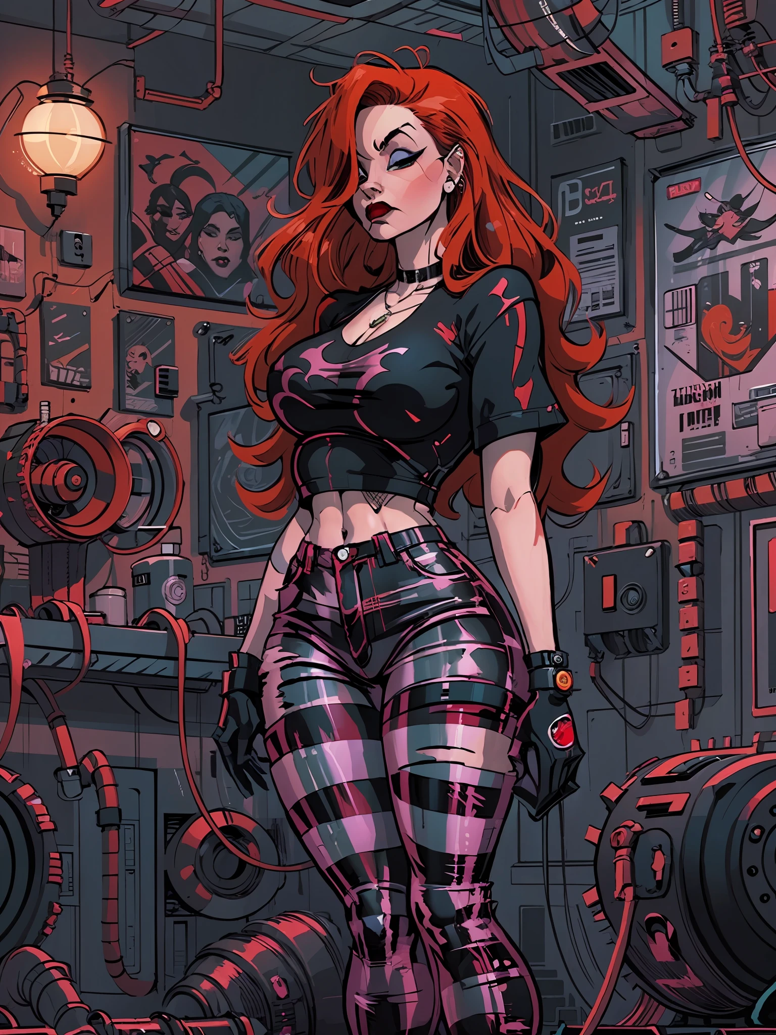 a woman with red hair wearing a black top and plaid pants, cyberpunk art, gothic art, aesthetic cute with flutter, toon aesthetic, wearing red attire, wearing gothic accessories, ((curvy body))