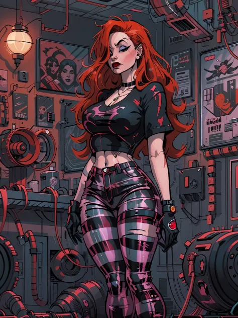 a woman with red hair wearing a black top and plaid pants, cyberpunk art, gothic art, aesthetic cute with flutter, toon aestheti...