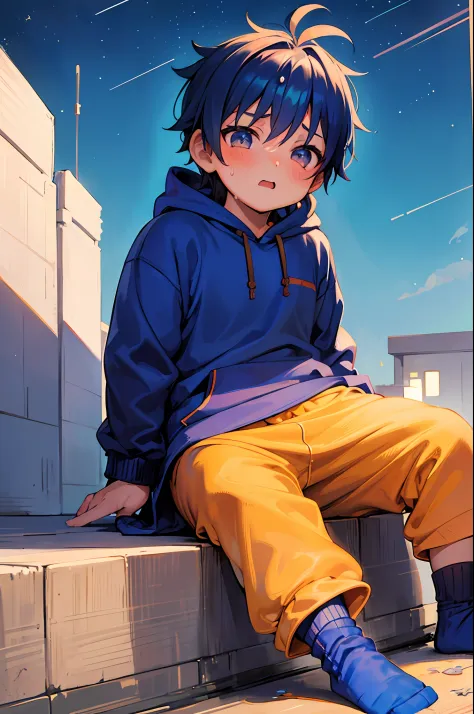 chubby Little boy with royal blue hair and shiny orange eyes and colorful socks wearing a hoodie, and oversized sweatpants layin...