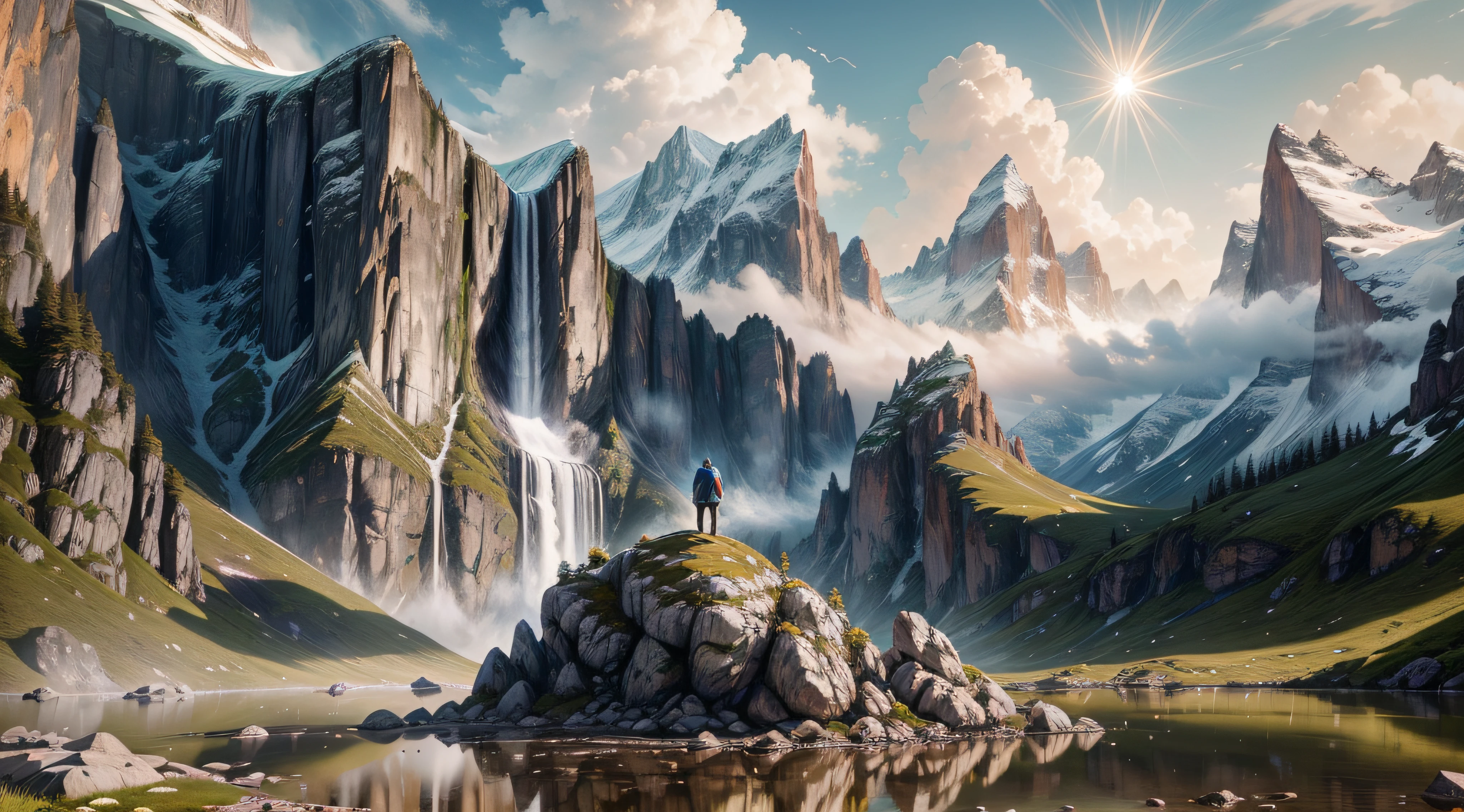 (Meisterwerk, fotorealistisch:1.4), atemberaubende Landschaft, schneebedeckte Berge, (sonnenverwöhnte Gipfel:1.2), kristallklarer Alpensee, saftig grüne Wiesen, (Wildblumen in voller Blüte:1.1), strahlend blauer Himmel, (flauschige weiße Wolken:1.2), komplizierte Felsformationen, (majestätischer Wasserfall:1.3), die Klippen hinabstürzend, (Spiegelung im ruhigen Wasser:1.2), entfernte Kiefernwälder, (Vögel schweben im Himmel:1.1), Sonnenstrahlen durchdringen die Bäume, ruhige Atmosphäre, (Wanderer steht auf einer Klippe:1.3), Genießen Sie die atemberaubende Aussicht, (beste Qualität, hohe Auflösung:1.3), RAW-Foto, UHD, 8K