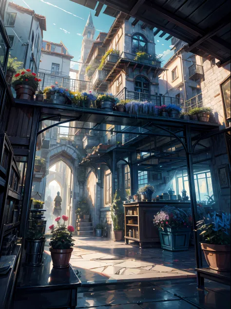 Capture the enchantment of a Mediterranean flower shop through a stunning and picturesque digital artwork. This background art s...