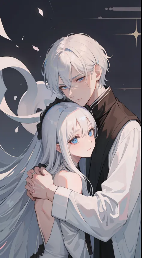 1man, Sharp blue eyes with sharp pupils, White sharp hair and he was wearing a black robe、, intimate hug with his lovely wife ((...