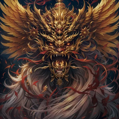 Chinese mythology and stories，Journey，Golden-winged Roc Demon King，closeup of face，See the throat，Open your mouth，tosen，Fierce eyes，Blood，A mouth full of blood，Dripping blood，Puffing，massive wings，Thick feathers，feater，up-close，Sharp focus，best qualtiy，8K分...