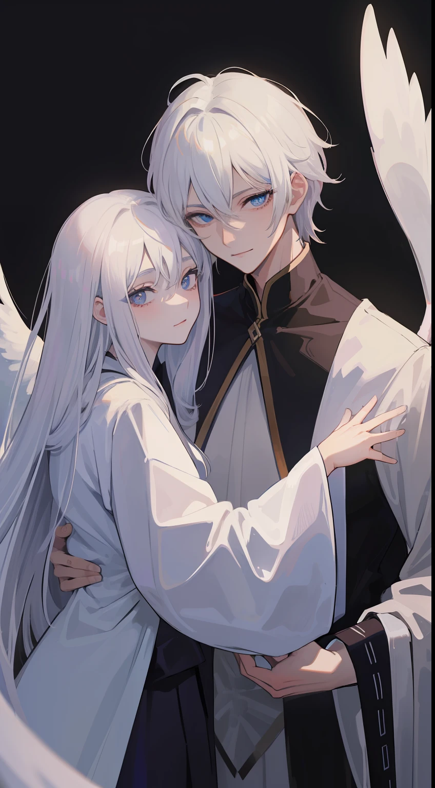 1man, Sharp blue eyes with sharp pupils, white sharp hair and he was wearing black noble robes and, Intimate hugs and kisses with his lovely wife ((4 face))、Deep ties、Angelic smile