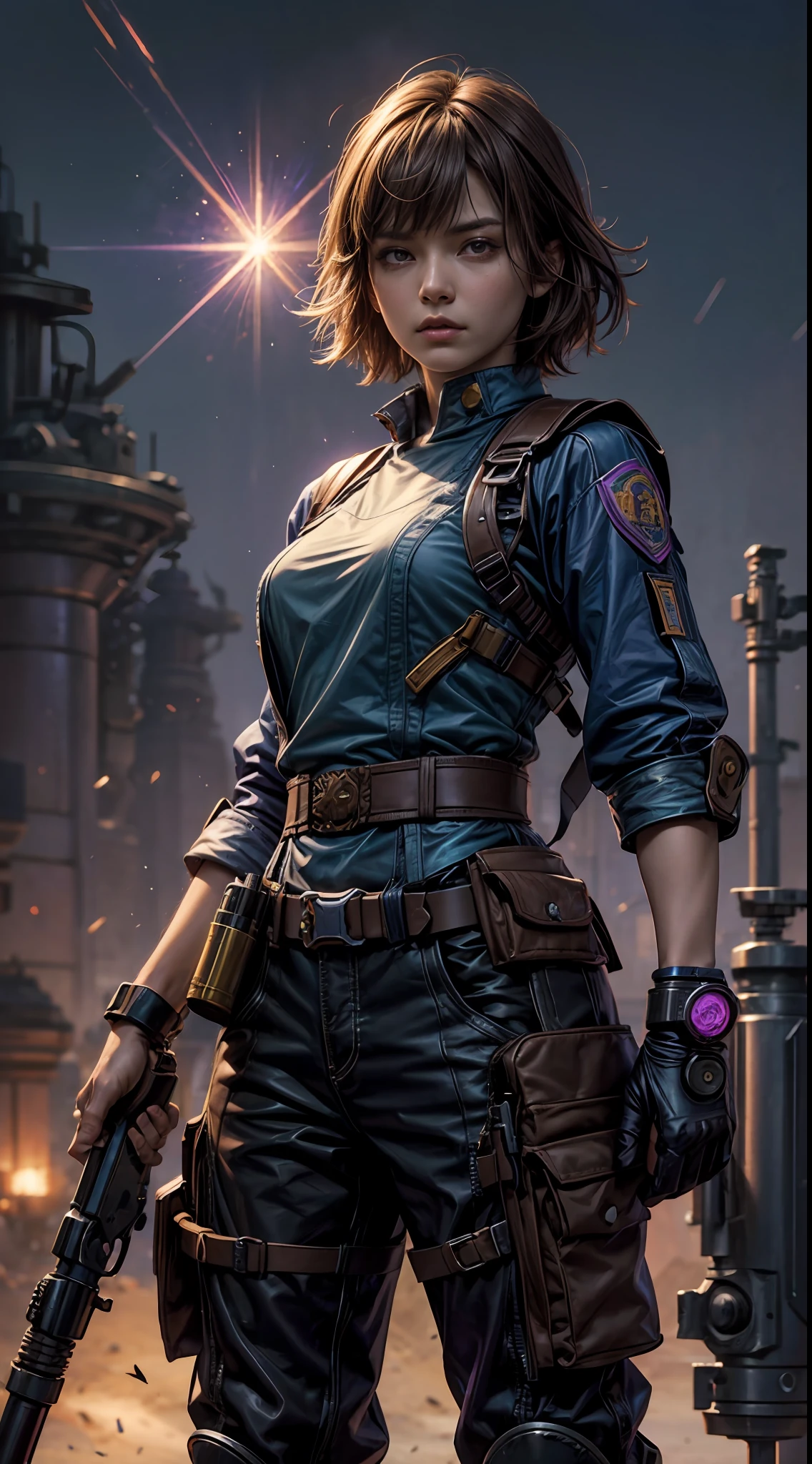 淺棕色短髮女戰士和尚, 紫藍短袖襯衫搭配, 手持式 大號, 最先進的科幻槍械, 站在復古科幻背景下. 這件藝術作品的靈感來自莫比斯和阿什利·伍德...