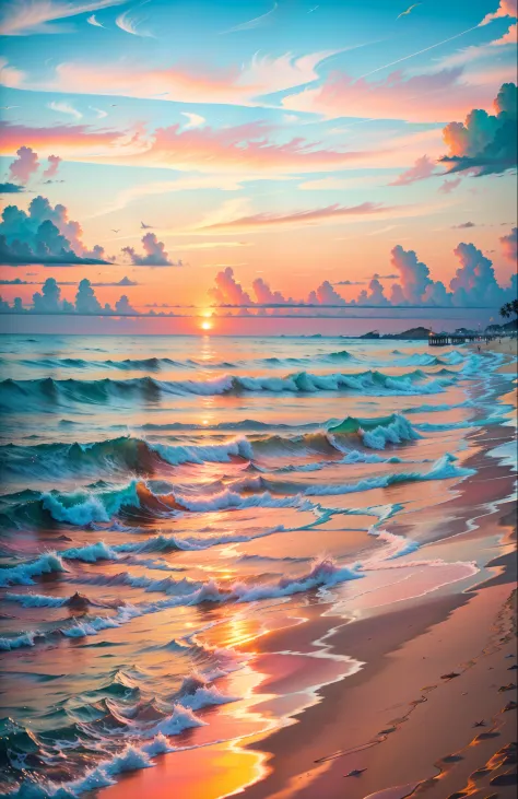 An absolutely mesmerizing sunset on the beach, with a mix of orange, pink, and yellow in the sky. The water is crystal clear, gently kisses the coast, and the white sand is endless. The scene is dynamic and breathtaking, with seagulls soaring high in the s...