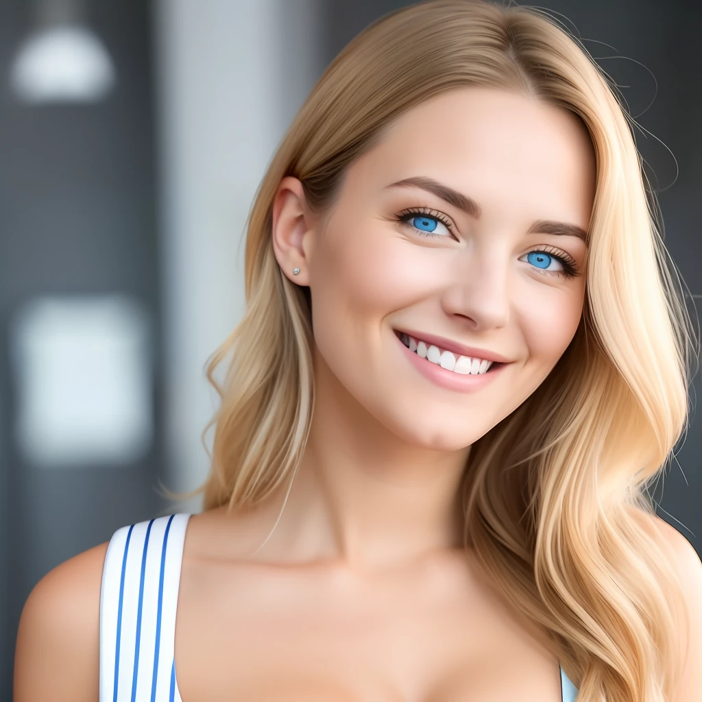蓝眼睛的金发女人向前看，微笑着，乳沟很低，超现实主义 8k 超高清 HDR