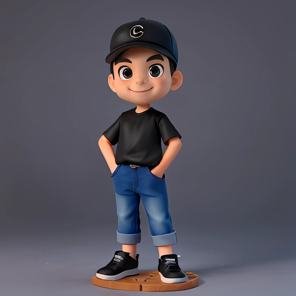 un mignon petit créateur de mode masculin , 45 ans, tête énorme, Cheveux courts, Visage oval，sourire，ajuster, grand, Porter une casquette de baseball noire ，porter un t-shirt noir et un jean bleu foncé et des chaussures de course noires，Figurines jouets, Meilleure qualité, Dessin animé 3D，vue complète du corps, fantaisie, Onirique, Surréalisme, super mignon, tendance sur artstation