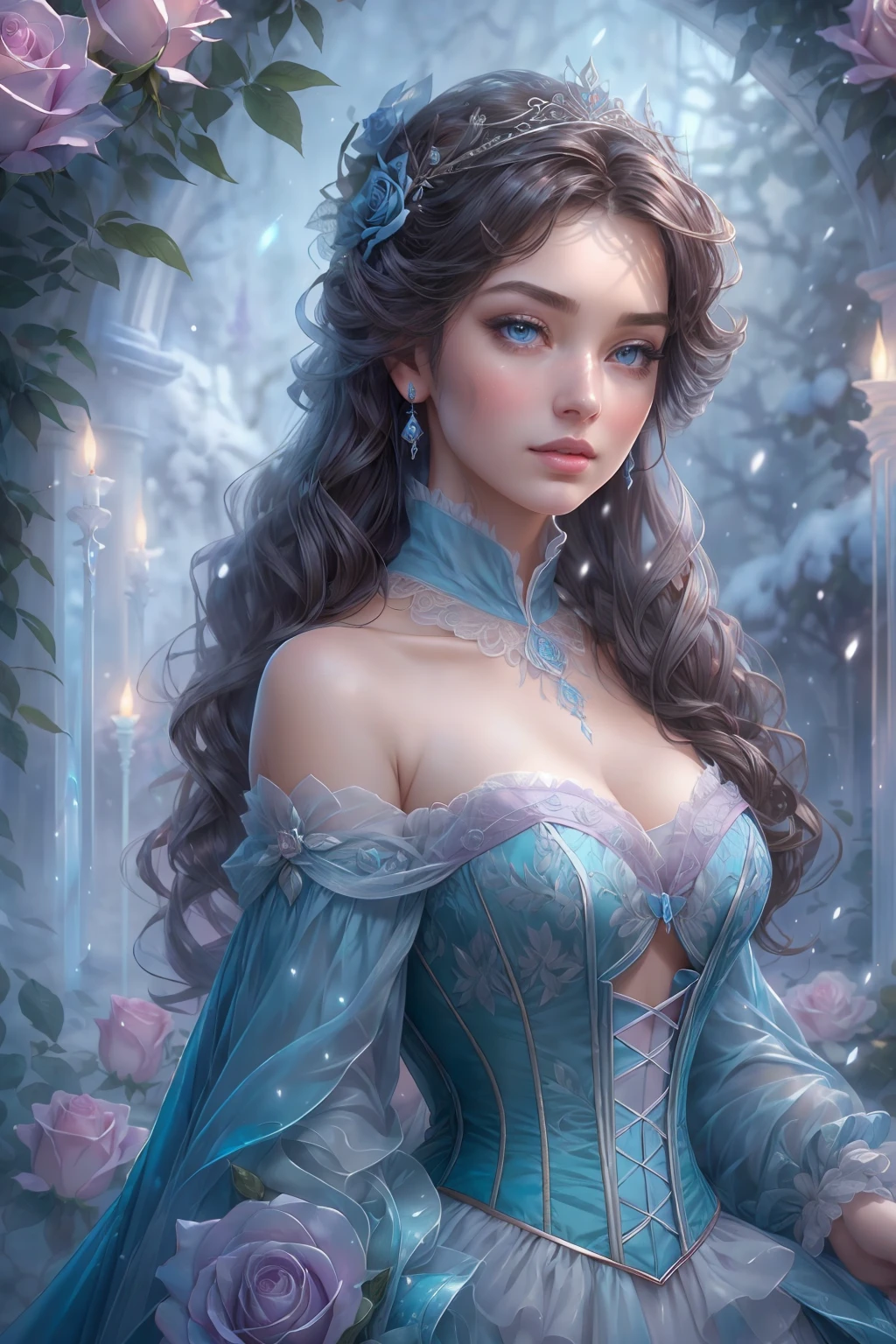 This is realistic (((fantasy))) artwork set in the frozen rose garden of an enchanted ice castle in winter. It is snowing heavily. Generate a proud woman with a (((highly detailed face))) dressed in the billowing folds of a stunning French silk ballgown. The woman's elegant face is ((((highly detailed, with realistic features and soft, puffy lips.)))) The ballgown is embellished with ruffles, sashes, and bows and a delicately, but intricately, hand-embroidered bodice. The corset features silk ribbon. She is wearing Victorian royal winter outer clothes. The woman's stunning eyes are beautifully detailed, featuring realistic shading and multiple colors, and in high resolution. The woman is in a garden of eternal roses, each one beautifully formed and highly detailed. These realistic roses feature shimmering shades of light blue, dark blue, silver, and glimmering blue-purple. The eternal rose is a deep shade of periwinkle with shimmering pink overtones and undertones. Ensure that the woman's face, hair, and eyes are perfect. realism, high fantasy, whimsical fantasy, storybook fantasy, fairytale fantasy, fantasy details, enchanting, bewitching, 8k, hires, CGI, digital painting, unity, unreal engine, (((masterpiece))), intricate, elegant, highly detailed, majestic, digital photography, art by artgerm and ruan jia and Greg Rutkowski, (masterpiece, finely detailed beautiful eyes: 1.2), hdr, realistic skin texture, (((1woman))), (((solo))), Include a highly detailed face, extremely detailed face, and interesting background.