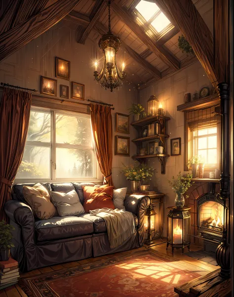 arafed room with a couch, a fireplace, and a window, cozy room, cozy wallpaper, cosy enchanted scene, cozy place, cozy home back...