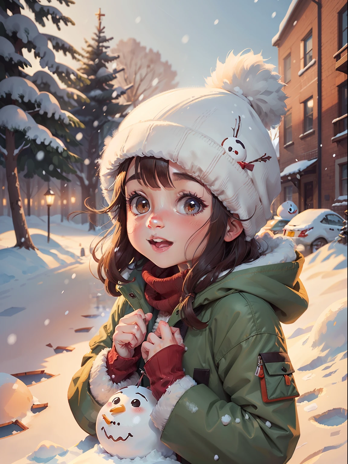 女孩穿着冬衣 ,冬季场景, 雪, 完美的光影, 高调风格, 低饱和度, 超级细节, 快乐的 , 球头, 圣诞氛围, 雪man, 插画风格, 水彩风格, 更多细节, 没有花, 更多背景
