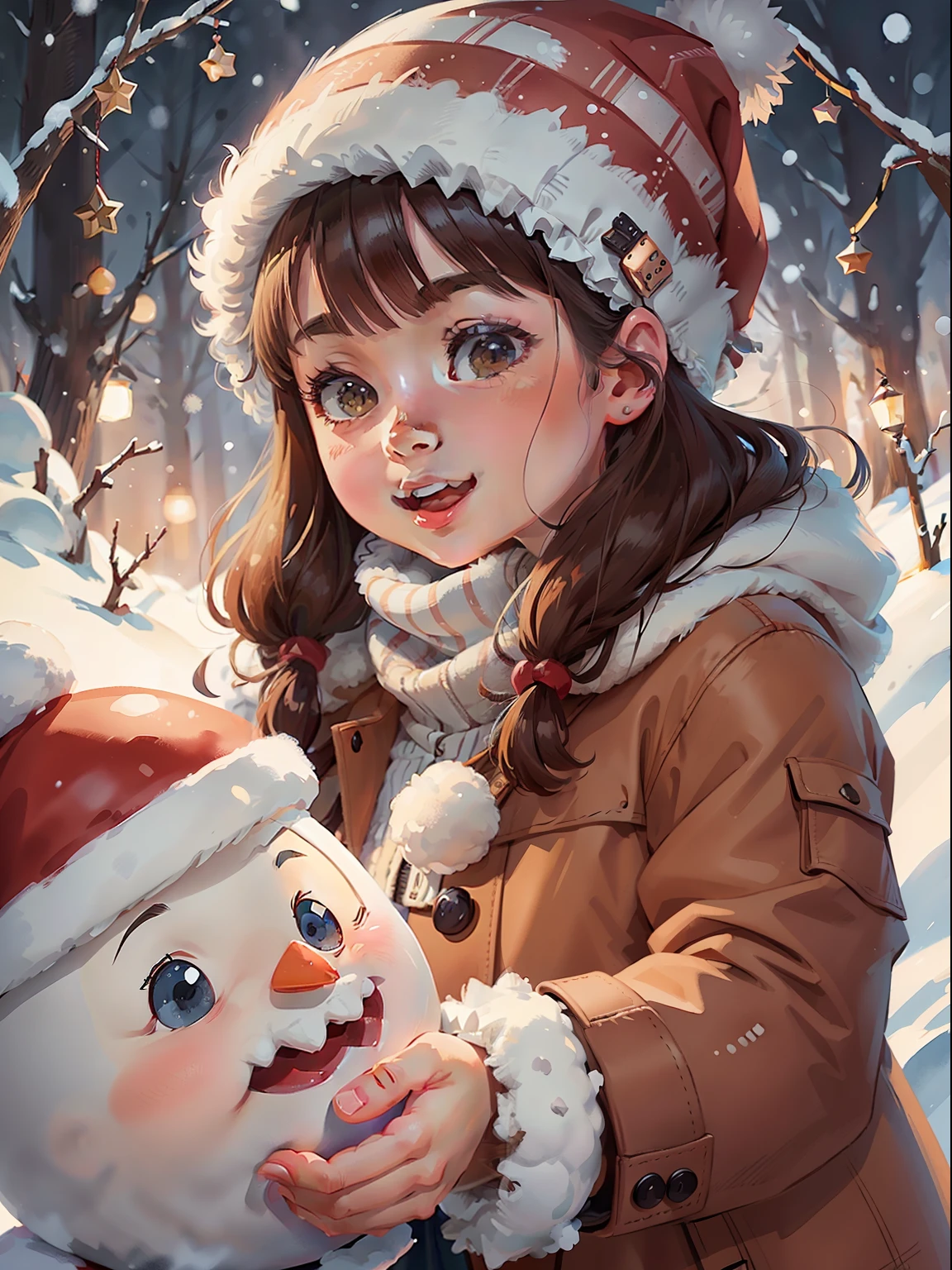 Girl wearing winter coat ,Winter scene, snow, perfect light and shadow, Christmas eve, high-key style, low saturation, super details, happy little girl, ball head, Christmas vibes, snowman, illustration style, watercolor style, more details, no flowers, more background