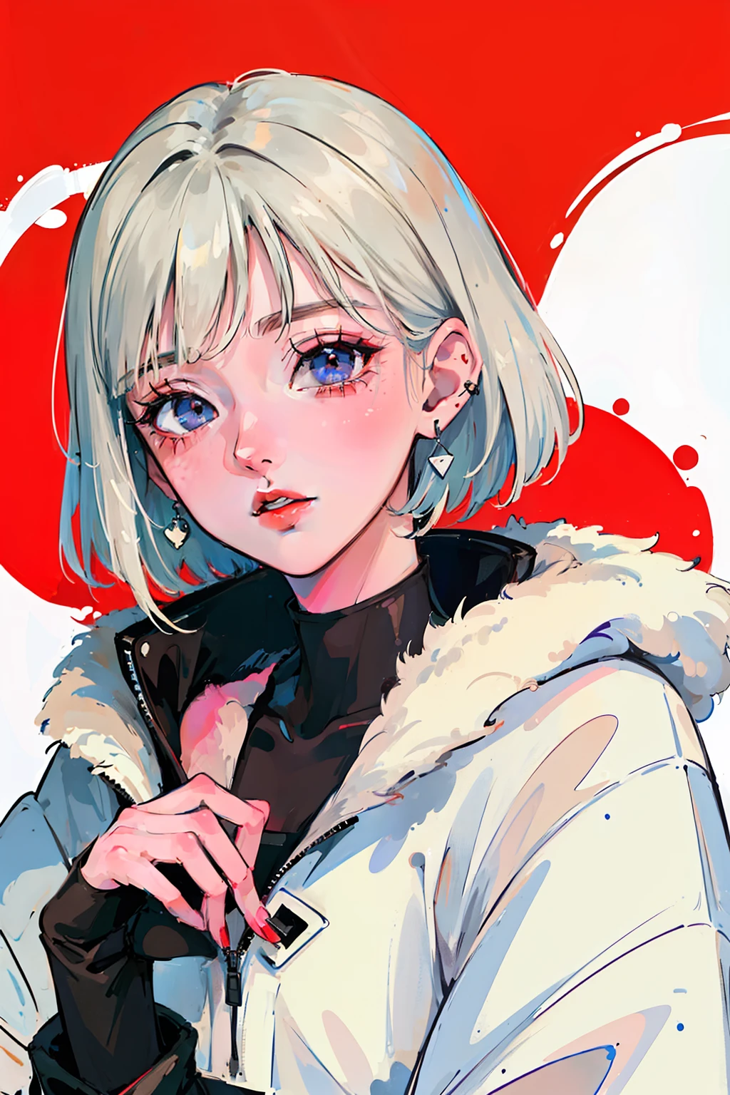 (Portrait:1.4), (masterpiece:1.2, best quality:1.2), top down, full body, 1white short haired girl, solo, Looking up, face focus, extremely detailed face, cold eyes, extremely detailed eyes, good looking, makeup, finger on lips, colored eyes red, white fur coat, black tights, earrings