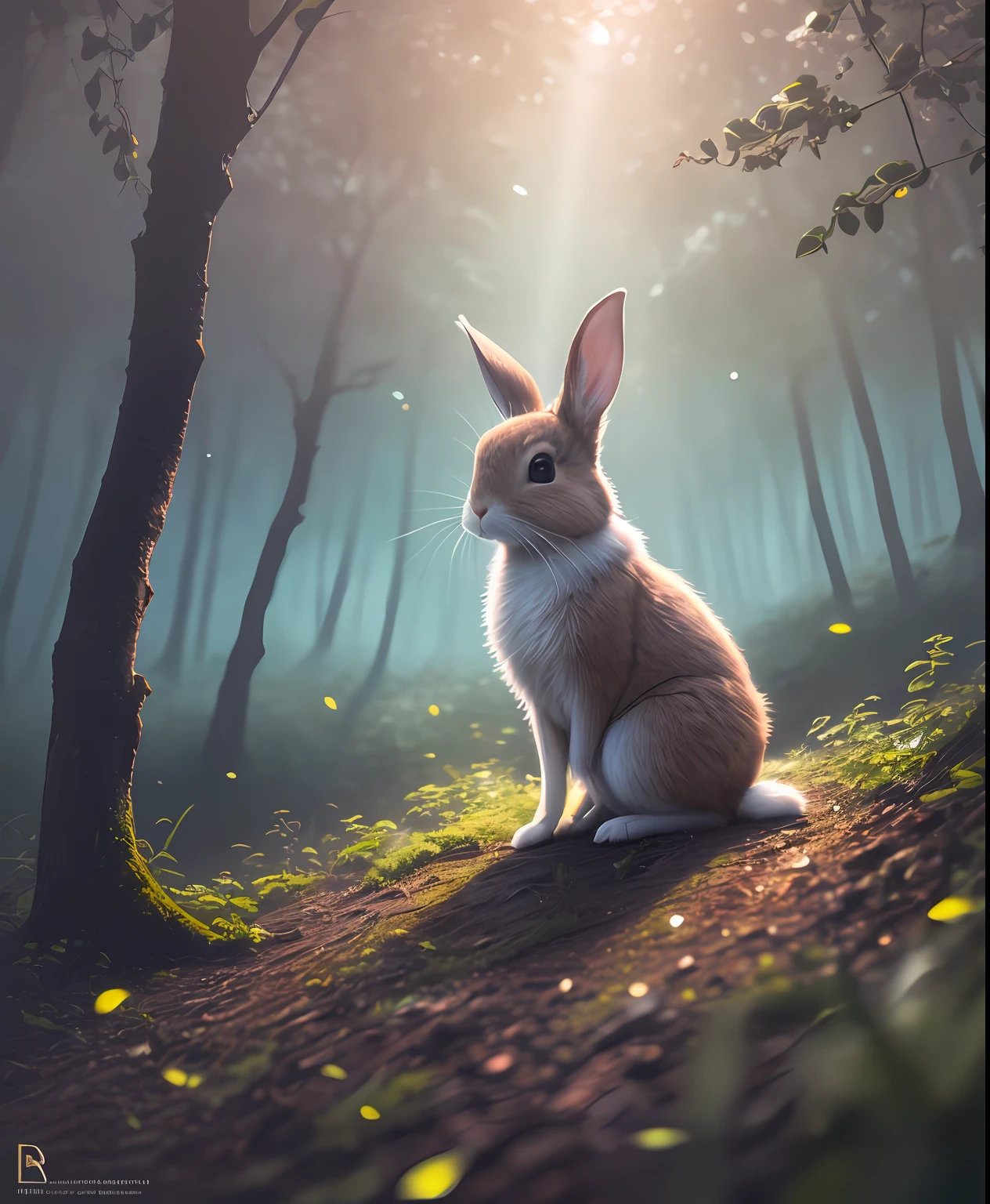 Foto de cerca de un conejo en el bosque encantado, tarde en la noche, en el bosque, iluminar desde el fondo, luciérnagas, niebla volumétrica, halo, Floración, atmósfera dramática, centro, Regla de los tercios, 200 mm 1.Toma macro 4F