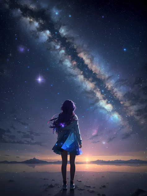 Starry sky with a girl looking at the stars, girl looks at the space, anime girl with cosmic hair, cosmos sem fim no fundo, girl in space, beautiful girl on the horizon, Makoto Shinkai Cyril Rolando, looking out into the cosmos, Anime art wallpaper 4k, Ani...