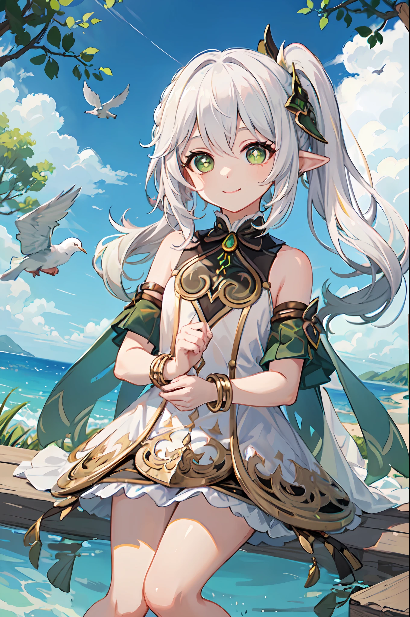 (RAW photo,best quality,high quality, masterpiece:1.2),1girl,loli,young face,young girl,Nahida(genshin impact),cross shaped pupils,default dress,green cape,white hair,smile,Blue sky, doves in the sky, tree branches