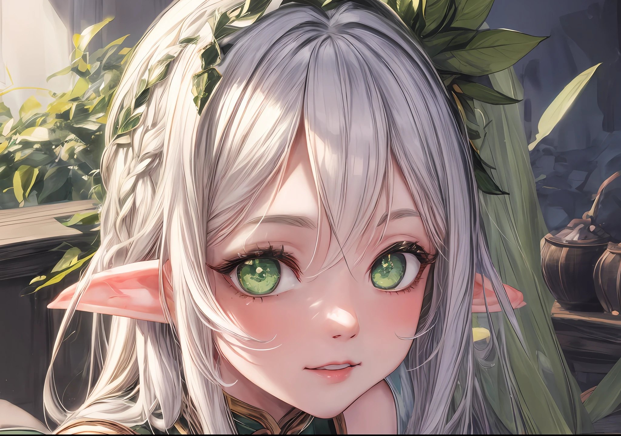Elven girl looking at the camera, beautiful green eyes, ssmile, Beautiful long elven ears, white colored hair