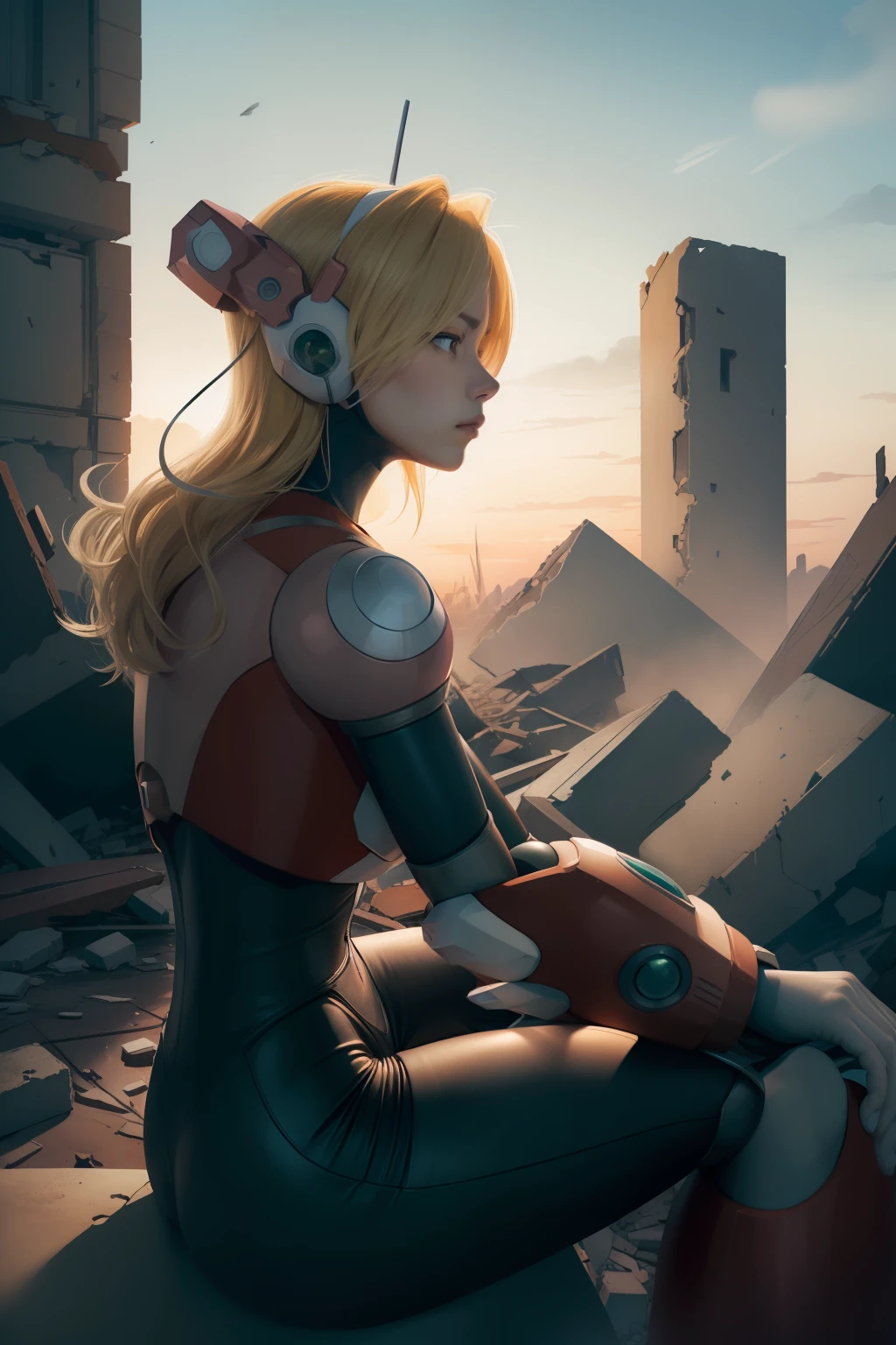 highres, 4k, (best quality:1.4), detailed illustration, solo, sitting, (yokozuwari:1.2), sad, (looking away), alia_megamanx, blue eyes, blonde hair, android, long hair, robot ears, cinematic lighting, (dim lighting), dark, (destruction, ruins:1.2), gradient, pastel colors,