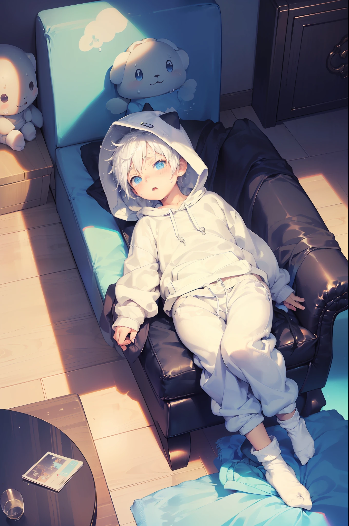 chubby Little 男の子 with white hair and shiny blue eyes and colorful 靴下 wearing a パーカー, and oversized スウェットパンツ sitting on a couch, 赤面する, よだれを垂らす, 若い, 男の子, , 小さい, 幼児, やわらかい光, (スウェットパンツ:1.8), (靴下:1.4), (little 男の子:1.4), (ショタ:1.4), (かわいい:1.4), (小さい:1.6), (undersized 靴下:1.4), (パーカー:1.6)