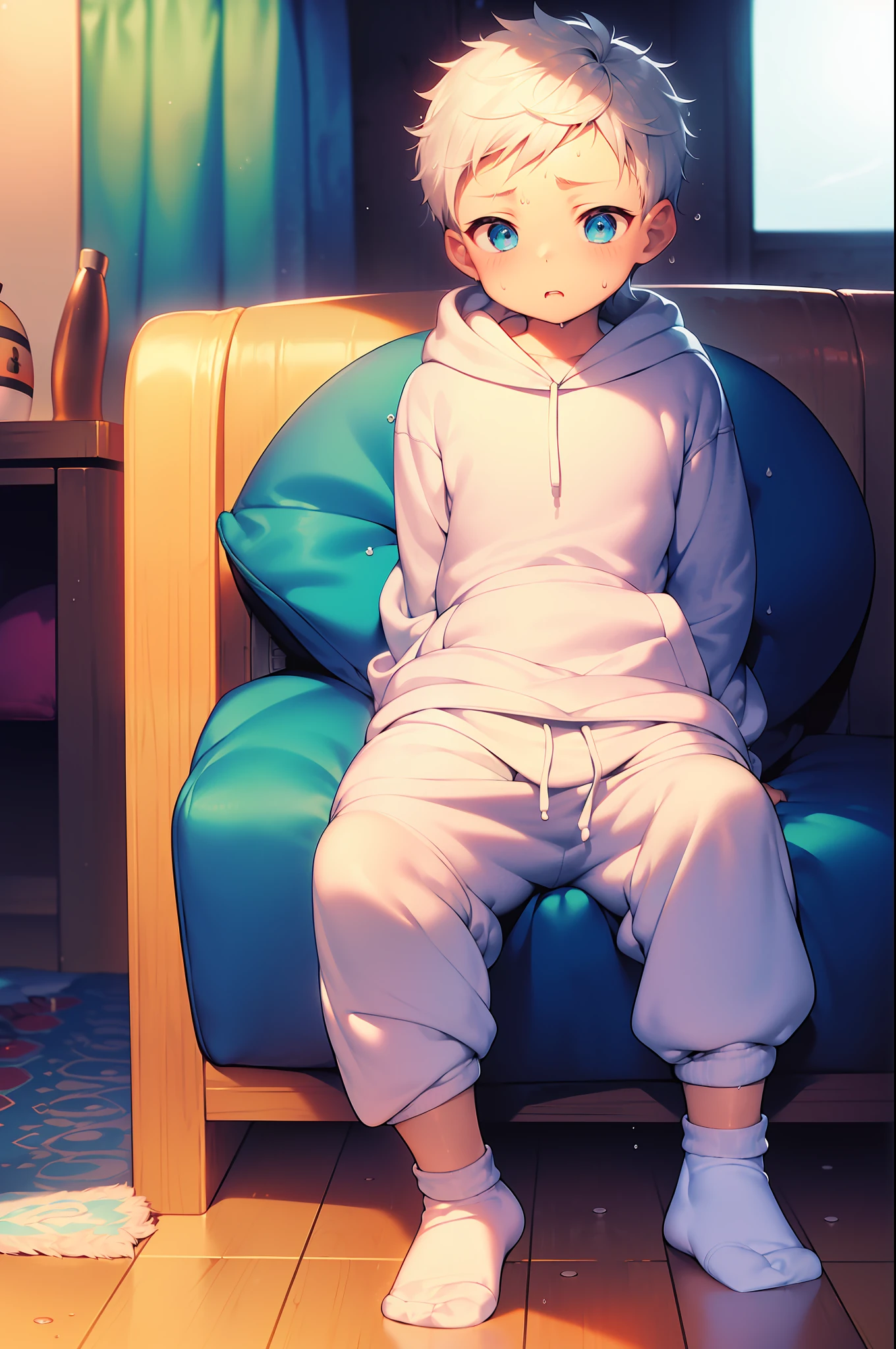chubby Little boy with white hair and shiny blue eyes and colorful socks wearing a hoodie, and oversized sweatpants sitting on a couch, blushing, drooling, young, boy, , small, toddler, soft light, (sweatpants:1.8), (socks:1.4), (little boy:1.4), (shota:1.4), (cute:1.4), (small:1.6), (undersized socks:1.4), (hoodie:1.6)